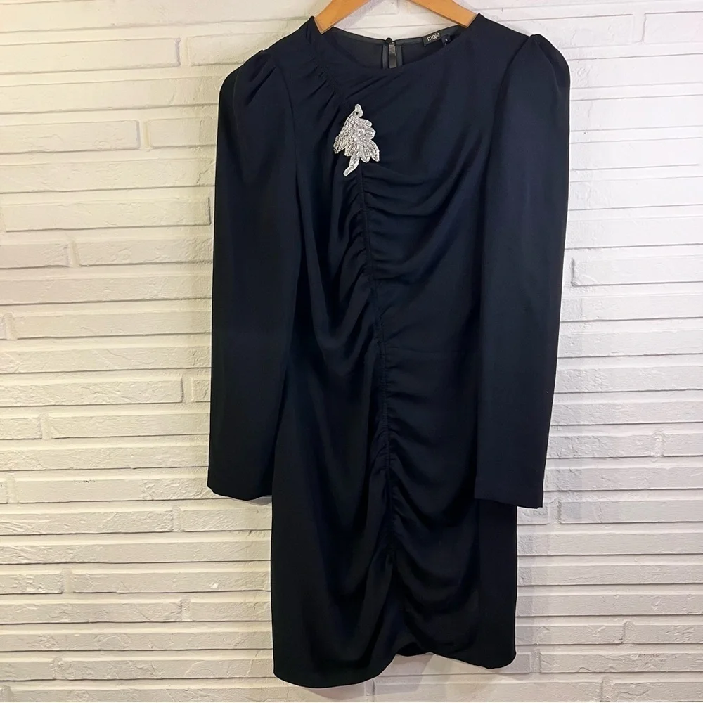 Maje Black Rosami Long Sleeve Jewel Embellished Mini Dress, Women’s Size Large